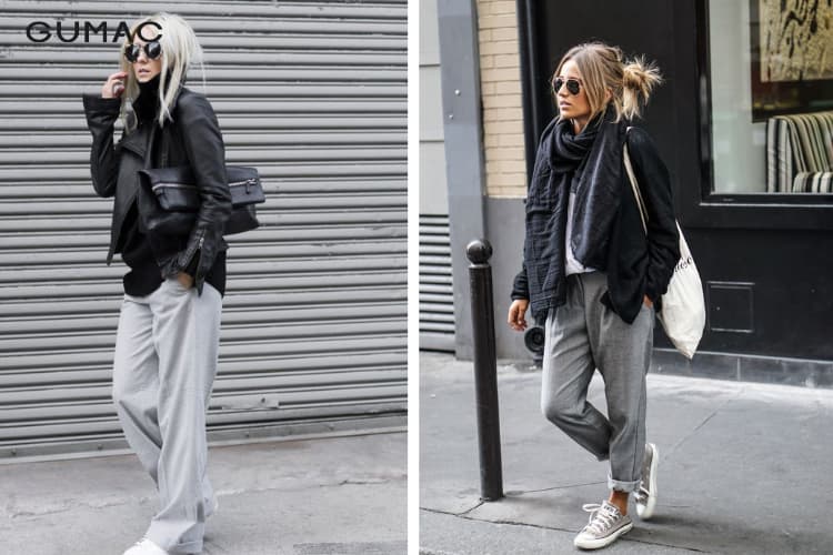 Áo da phối với quần jogger