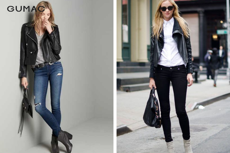 Áo da phối với quần skinny