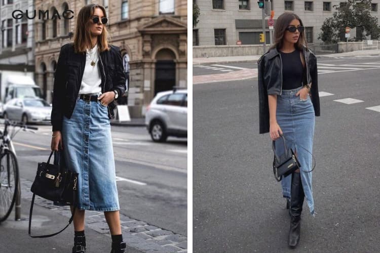 Áo da phối với váy jeans