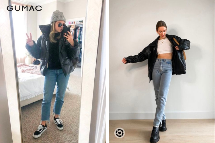 Áo phao bomber mix áo sweater và quần jean