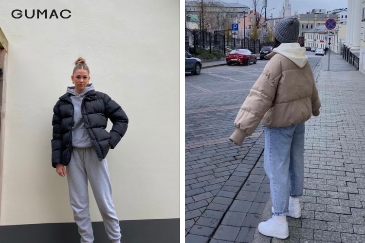 Áo phao mix áo hoodie và giày thể thao