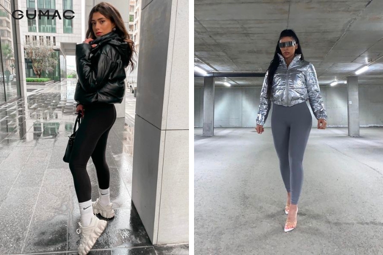 Áo phao mix áo sơ mi và quần legging