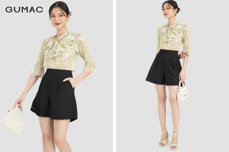 Diện áo sơ mi có họa tiết cùng quần short năng động