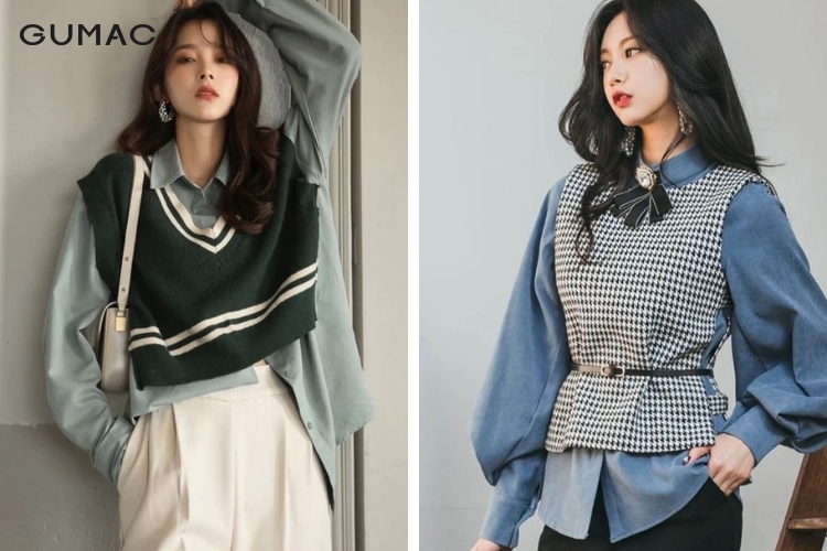 Phối áo sơ mi họa tiết cùng gile cá tính