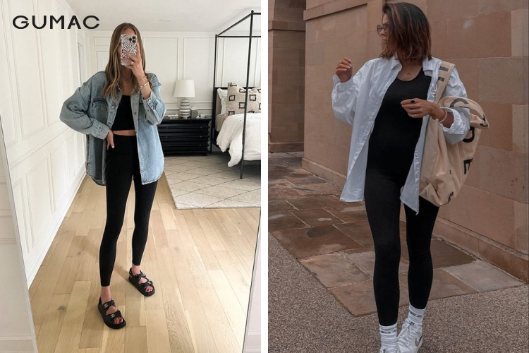 Mặc áo sơ mi họa tiết với quần legging khỏe khoắn