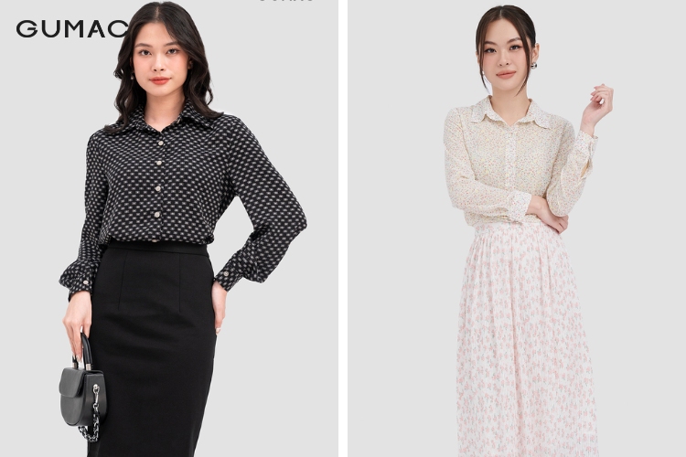 Áo sơ mi họa tiết cùng chân váy dài midi Hàn Quốc