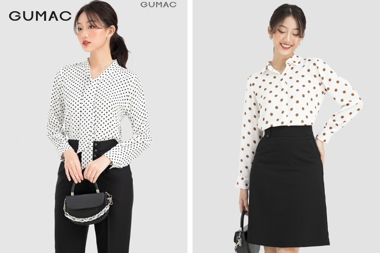 Kiểu thiết chấm bi trên áo sơ mi nữ