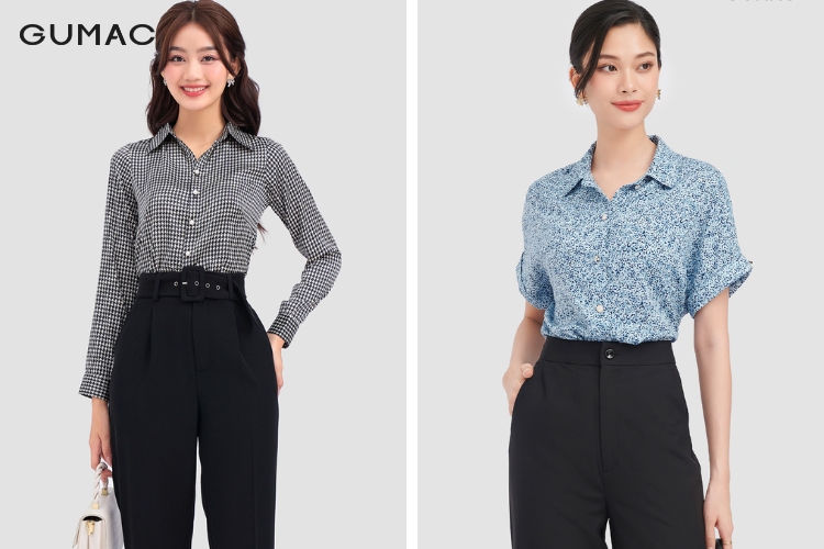 Quần tây thanh lịch với áo sơ mi họa tiết