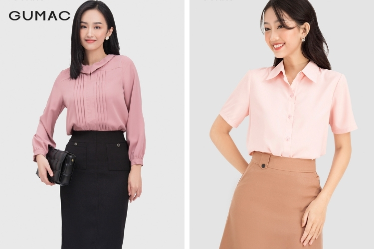Phối chân váy với áo sơ mi hồng tăng phần nữ tính