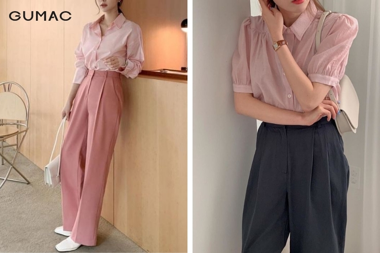 Mix áo sơ mi hồng cùng quần tây thanh lịch