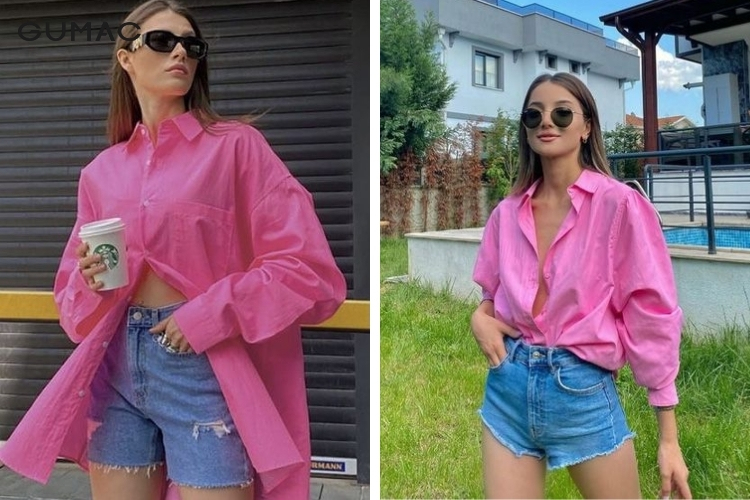 Mặc áo sơ mi hồng cùng quần short trẻ trung