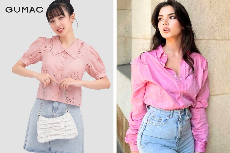 Phối áo sơ mi hồng nữ cùng màu xanh jean