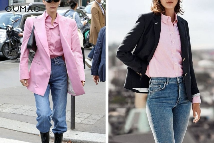 Áo sơ mi hồng nữ phối cùng áo blazer đen sang trọng