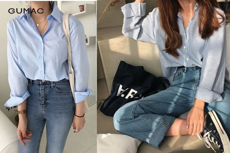 cách phối đồ với áo sơ mi xanh dương nữ cùng quần jean