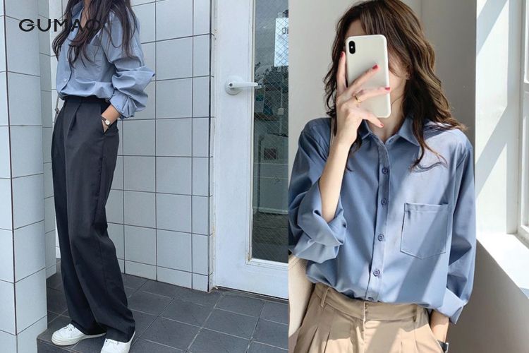 phối đồ với áo sơ mi xanh dương nữ cùng quần kaki