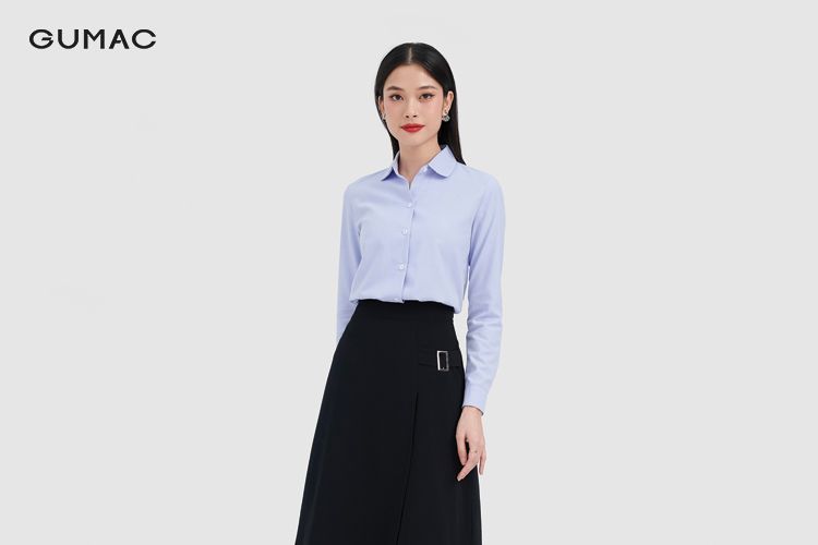 chân váy dài phối áo sơ mi xanh