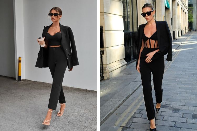 Phối blazer đen với áo hai dây + quần ống rộng