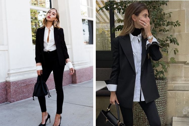 Phối blazer đen với áo sơ mi + quần tây