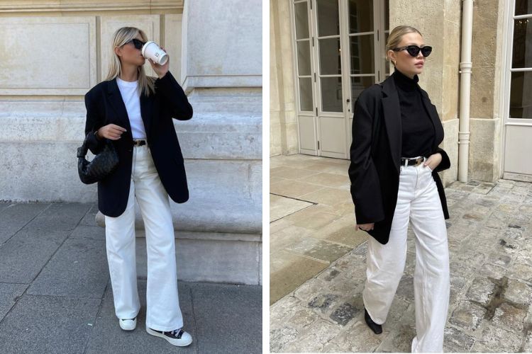 Phối blazer đen với áo thun + quần jeans trắng