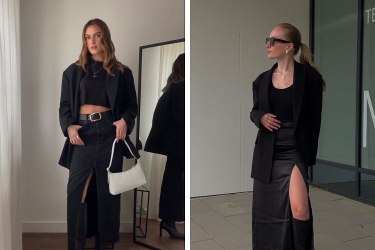 Phối blazer đen với chân váy xẻ tà + boots cổ cao
