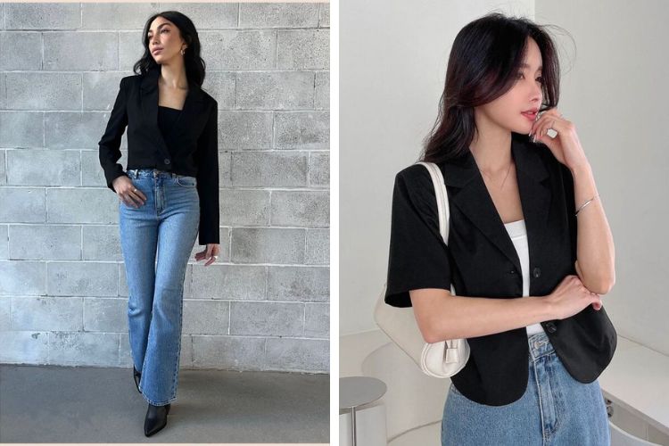 Phối blazer đen với áo croptop + quần jeans