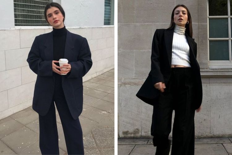 Phối blazer đen với áo cổ lọ