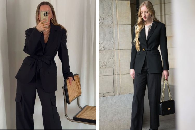 Phối blazer đen với thắt lưng