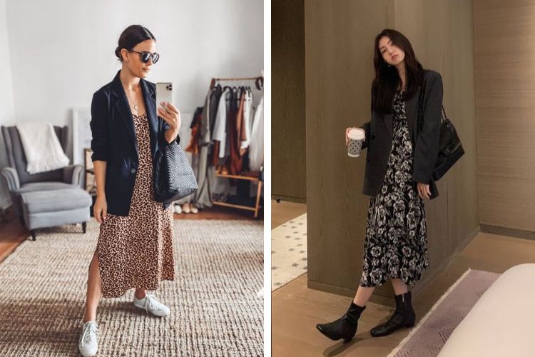 blazer đen với váy hoa