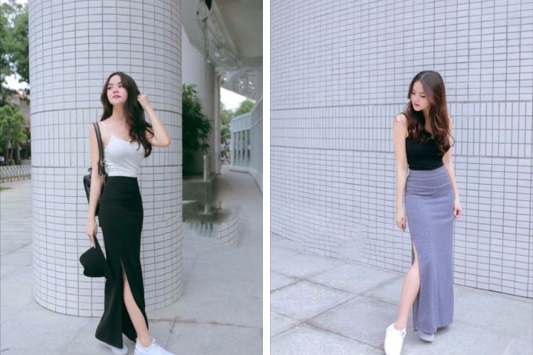 Chân váy dài ôm phối với áo hai dây