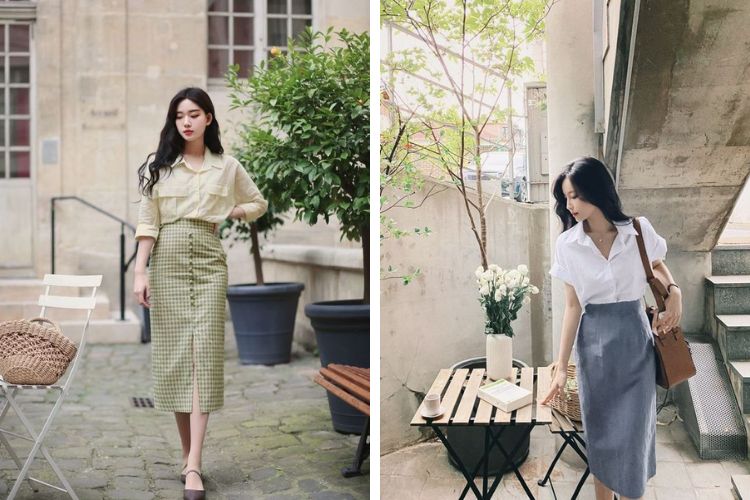 Chân váy dài ôm qua gối với áo sơ mi