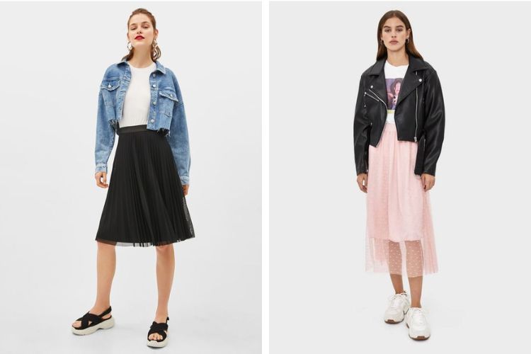 Phối đồ với chân váy xòe dài cùng áo denim