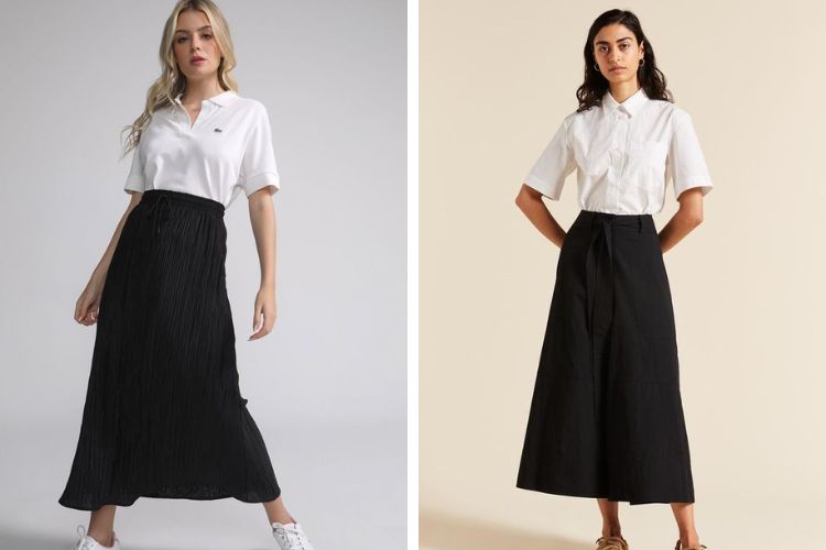 Phối đồ với chân váy xòe dài đen mix áo polo