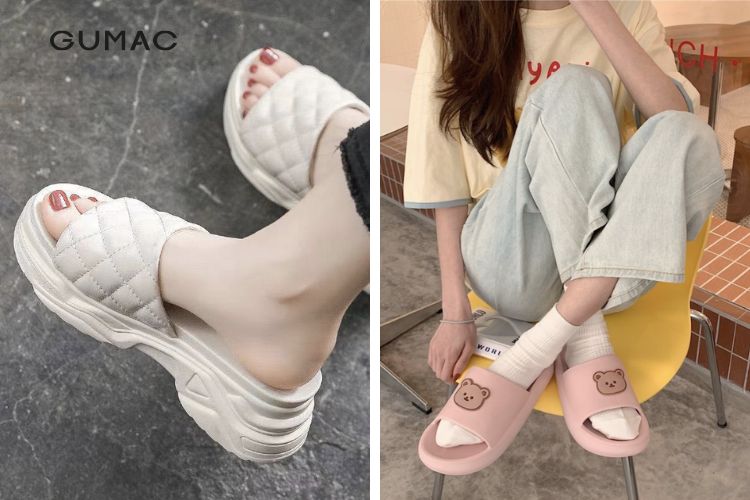 Diện quần jean ống rộng cùng dép bánh mì nữ