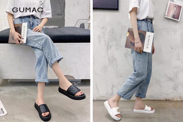 Mix quần ống suông cùng dép bánh mì