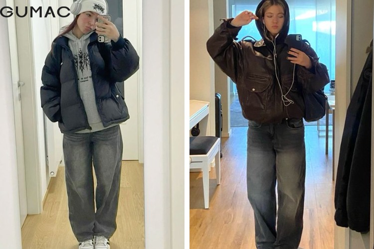 phối áo khoác phao với quần baggy nữ