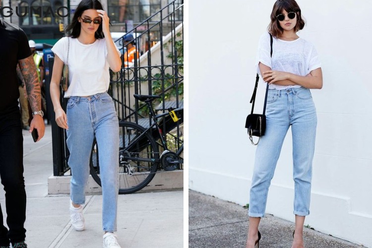 phối quần jeans với áo thun cổ tròn