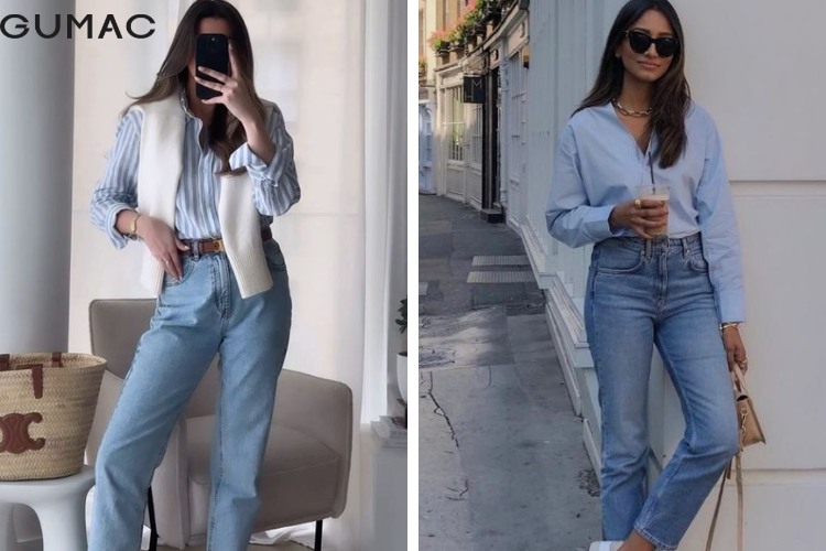 quần jeans baggy với áo sơ mi