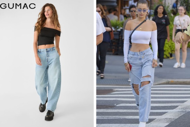phối áo trễ vai với quần baggy cho nàng chân ngắn