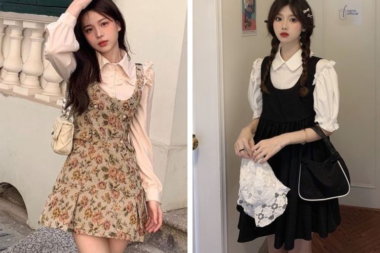áo sơ mi kiểu với váy yếm