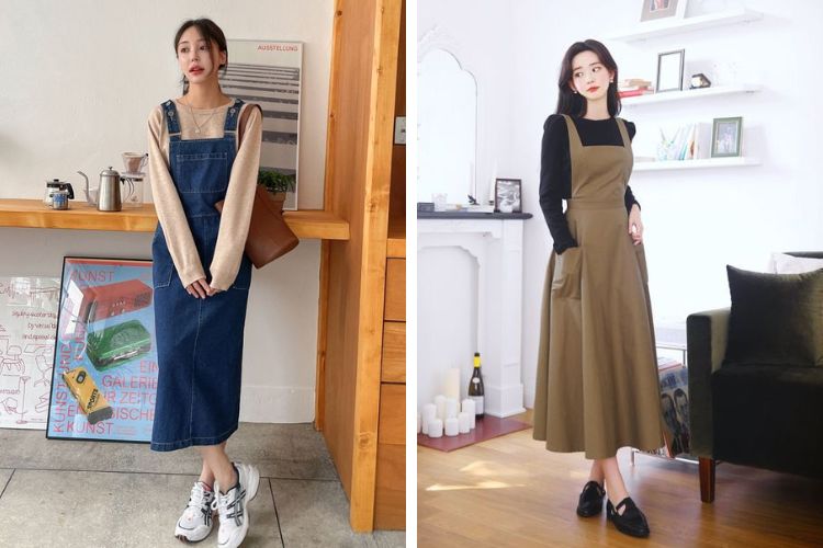 áo tay dài phối với váy yếm dài