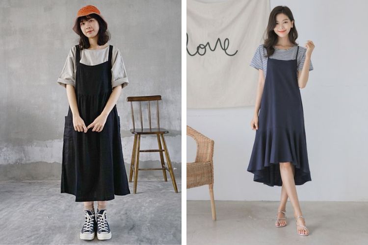mix áo phông rộng cùng với váy yếm