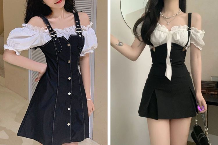 phối váy yếm với áo trễ vai