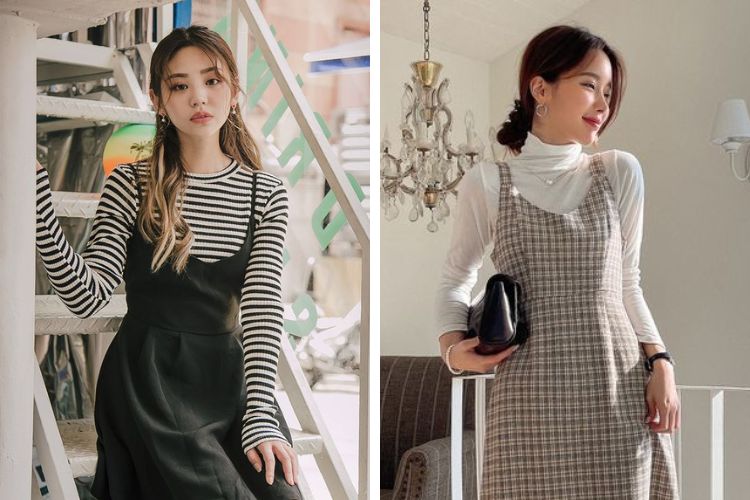 Phối váy yếm cùng áo sọc