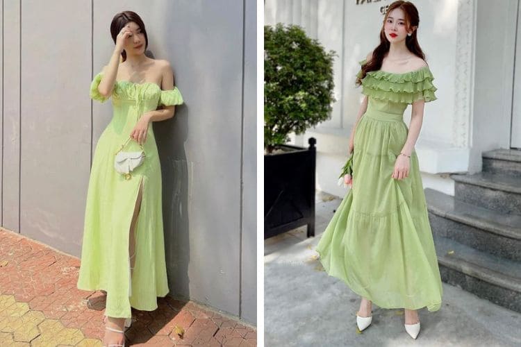 Phối màu xanh bơ đầm trễ vai