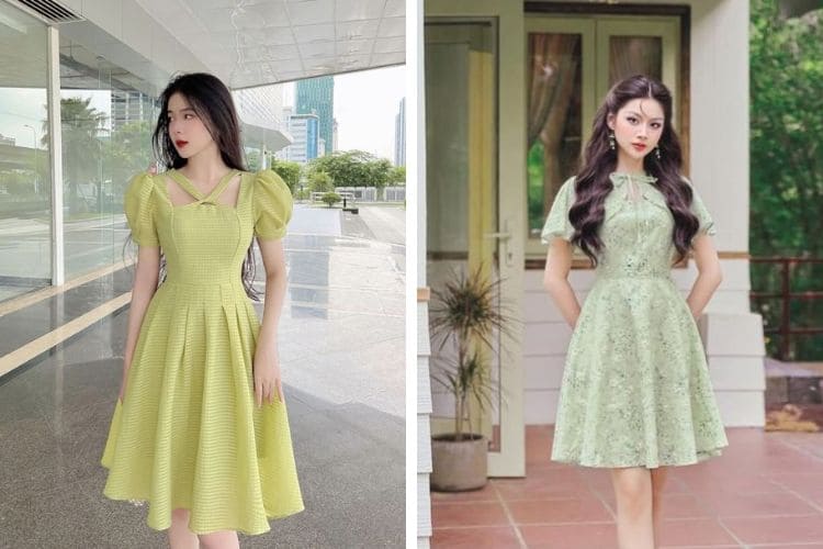 Váy cổ vuông tay bồng phối màu xanh bơ