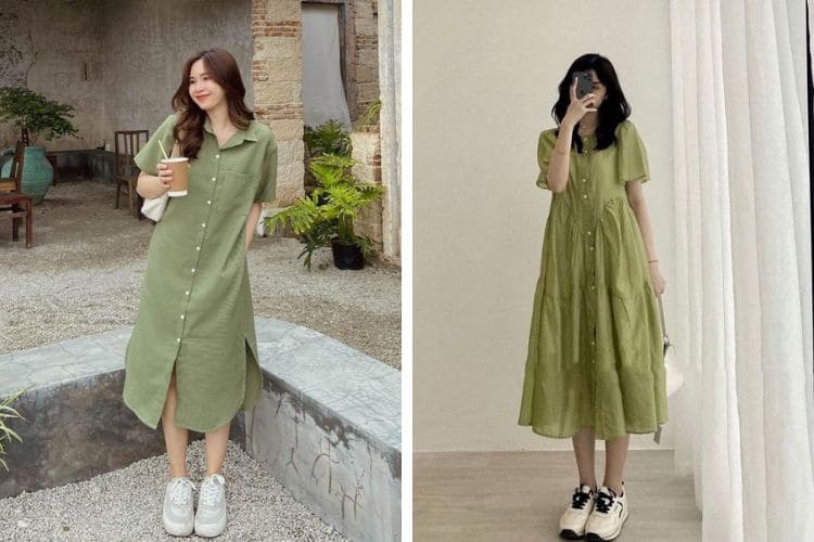 Váy sơ mi phối màu xanh bơ