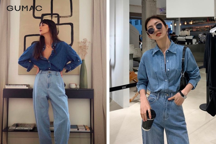 Quần jean xanh mặc với áo bò xanh