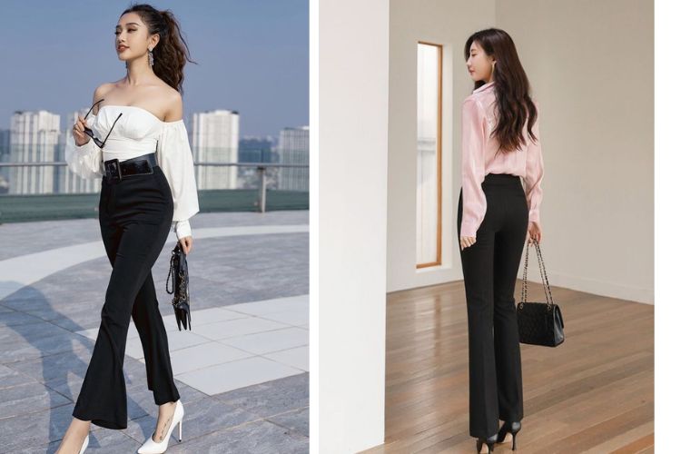 Giày cao gót mũi nhọn phối quần ống loe