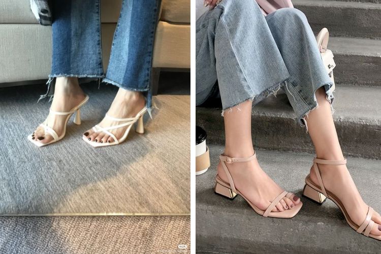 Sandals quai mảnh cao gót với quần ống loe