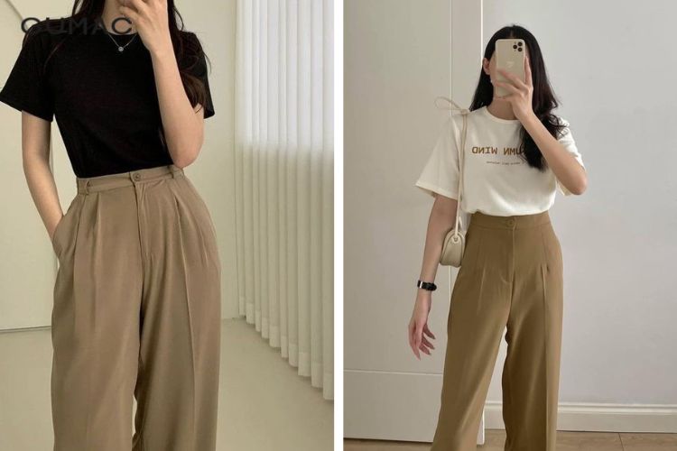 Quần tây lưng cao kết hợp với áo thun nữ